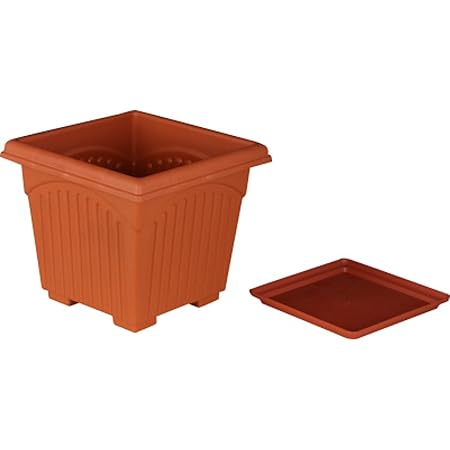 First Smart Deal 8 Inch Plastic Square Planter with Tray Pack of 5 - Brown