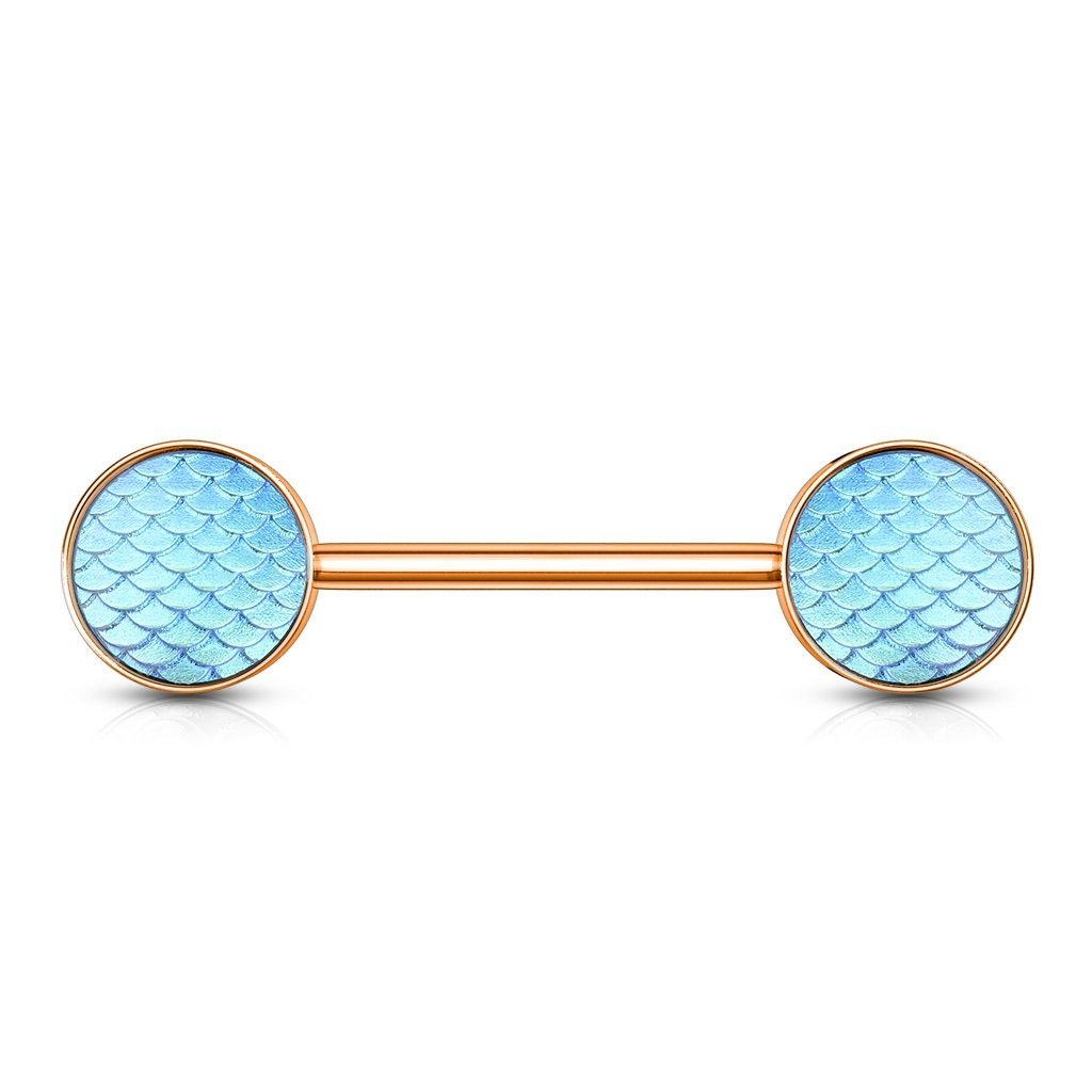 PiercedOff Rose Gold Tone IP over 316L Surgical Steel 1.6mm Nipple Bar with Aqua Holographic Dragon Scales - Bar Length 14mm