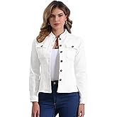 Allegra K Casual Denim Jacket for Women's Classic Stand Collar Long Sleeve Jean Jacket