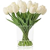 WELL KNOWN 20 Pcs White Tulips Artificial Flowers in Vase, Fake Flowers in Glass Vase, Real Touch Fake Tulips Artificial Flowers in vase with Faux Water for Home Decoration, Dining Table