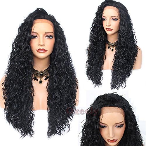 Oxeely 180 Density Long Black Synthetic Lace Front Loose Curly Wig with Baby Hair Glueless Lace Wig 24inches
