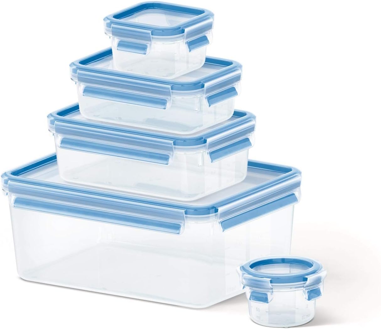 Emsa 508568 Clip & Close 5-piece set of food storage containers, various sizes, transparent/blue