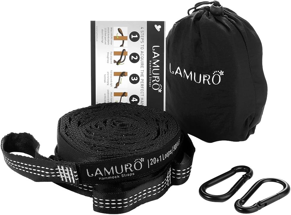 LAMURO Extra Strong Hammock Tree Straps Heavy Duty Suspension Kit With 2 Carabiner Hooks- Extra Long Straps (12 Feet) With 40 Loops- 900LBS- 100% No Stretch Polyester Straps- Fast & Easy Set Up