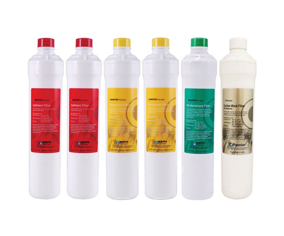 Photo 1 of Watts Premier Annual RO Pure Plus 6-Pack Filtration Kit for Zero/Pure Plus Reverse Osmosis System, Push Button Water Filter Replacement, 2 Sediment Filters, 2 Carbon Pre-Filters, VOC, Membrane