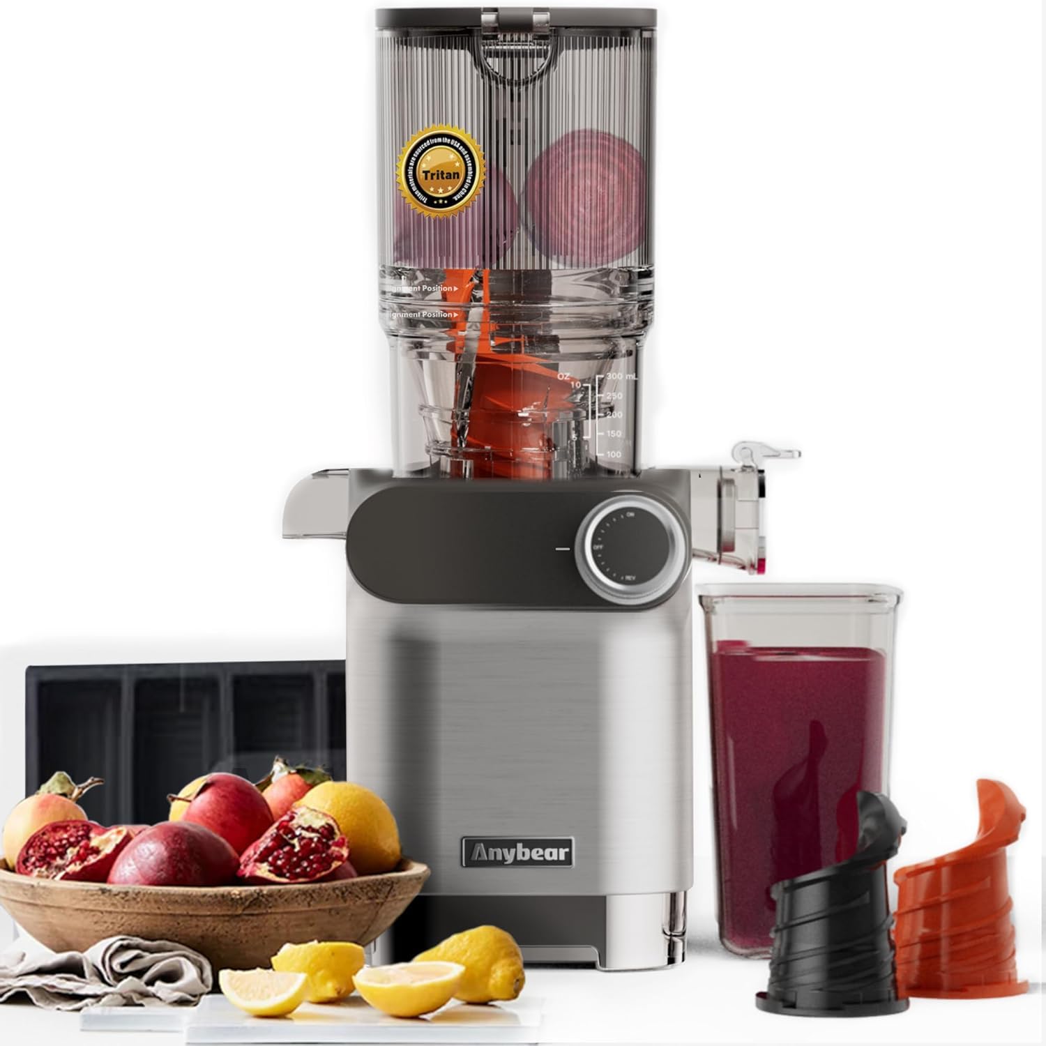 Photo 1 of Anybear Cold Press Juicer, 200W Masticating Slow Juicer 4.3" Large Feed Chute Fit Whole Fruits Vegetables | Upgraded Auger | Tritan Material | BPA Free | Juice Recipes (Silver)