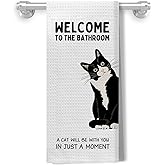 Kemingni Funny Tuxedo Cat Hand Towels for Bathroom, Cat Lover Mom Dad Gifts, Welcome to The Bathroom a Kitten Will Be with You Shortly Decorative Hand Towels for Washroom Restroom, 16x24 Inch
