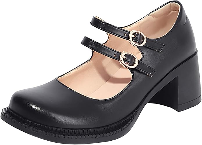 Amazon Night Cherry ダブルストラップ パンプス レディース チャンキーヒール おでこ靴 歩きやすい パンプス