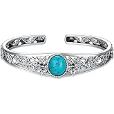 DOLIOX Genuine Turquoise Cuff Bracelet for Women, Sterling Silver Western Vintage Floral Bangle Native American Jewelry, For 6.5-7.5 Inch Wrists