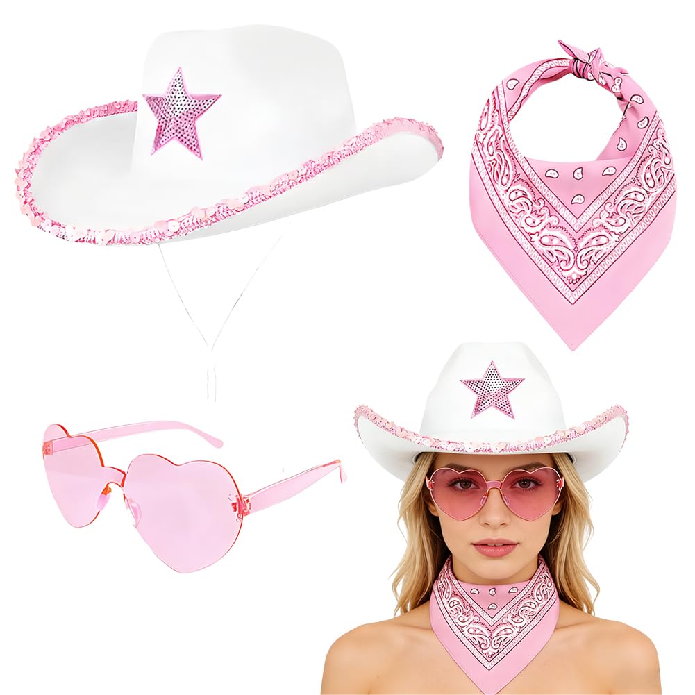 APPCRFM Cowboy Hat Women, 3 Piece Cowgirl Fancy Dress Set with Hat, White Five-Pointed Star Western Cowboy Hat, Adult Wild-Themed Party Costumes (Whit)