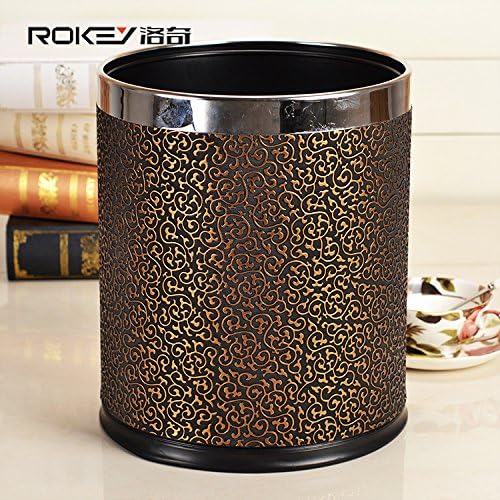 Carved Grain Double Layers Round Pu Leather Trash Can with silver ring Metal Waste Bin Garbage Container Stainless Steel Iron Structure Dustbin case for Home Office (black gold carve w/s.ring)