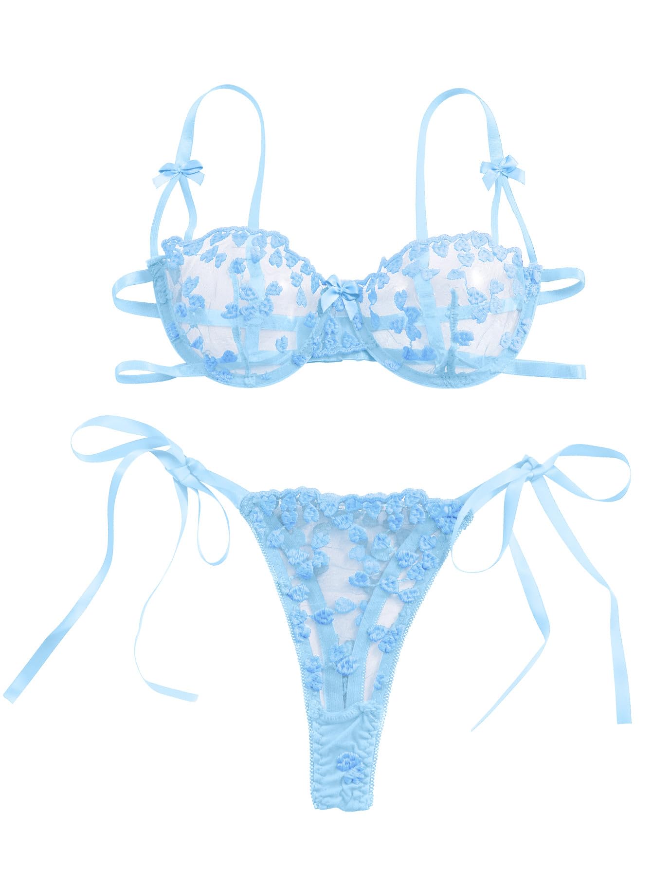 Photo 1 of Lilosy Sexy Tie Side Cute Underwire Push Up Strappy Embroidered Mesh Sheer Lingerie Set Women See Through Bra and Panty 2 Piece Bow Light Blue Small
