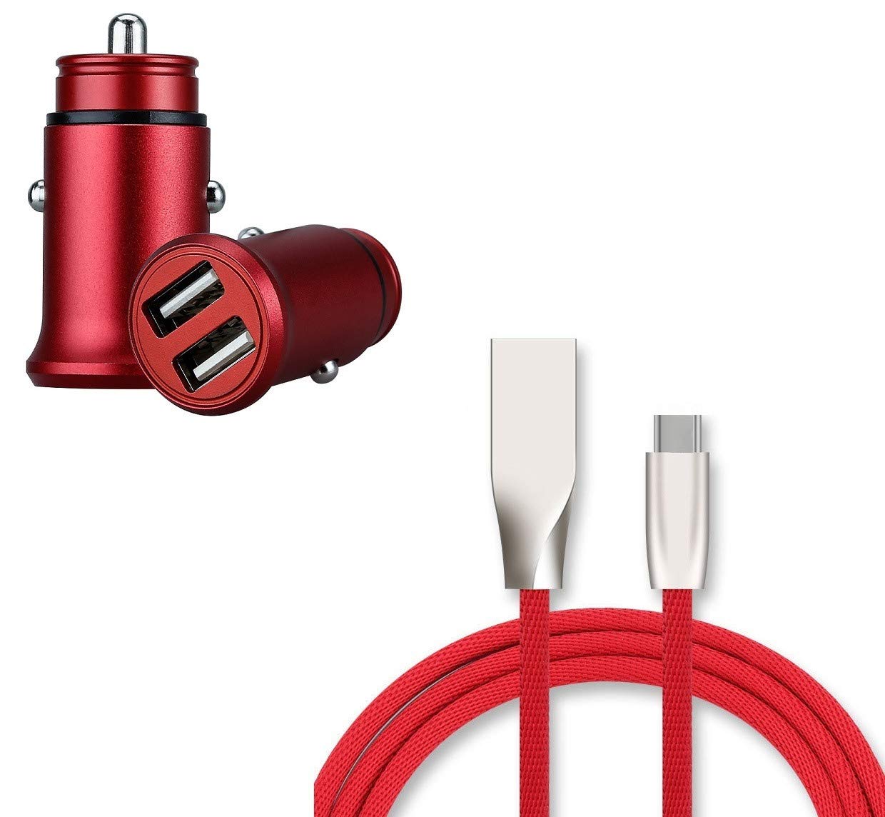 Shot Case Type C Charger Pack for Samsung Galaxy A20E (Quick Charge Cable + Mini Double USB Cigarette Lighter Socket) Android (Red)