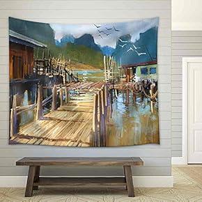 Landscape Painting of Fishing Village in Summer - Fabric Wall Tapestry Home Decor - 51x60 inches