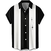 Men's Vintage Bowling Shirts 1950s Casual Short Sleeve Button Up Contrast Shirt Summer Color Block Cuban Shirts