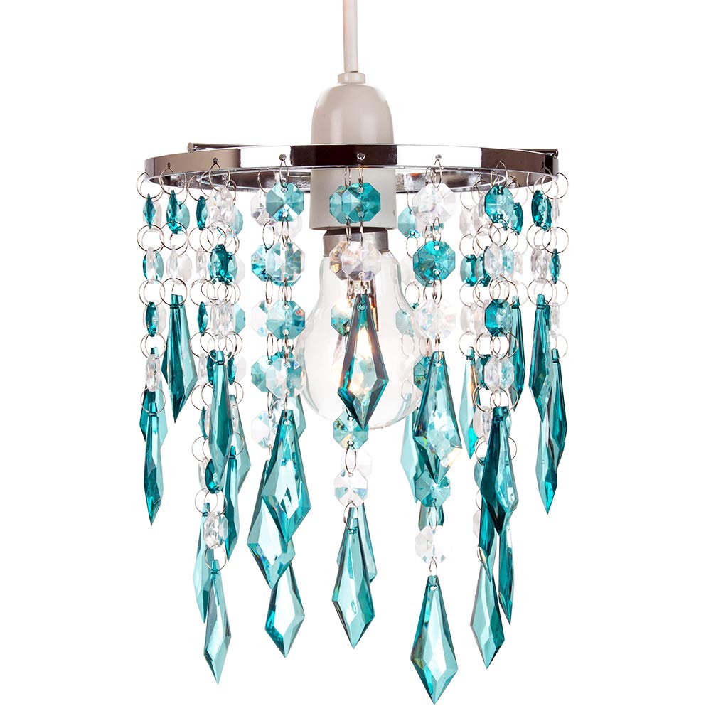 Modern Waterfall Design Easy Fit Pendant Shade with Clear/Teal Acrylic Droplets and Beads - Chrome Metal Rings - 16cm Diameter by Happy Homewares