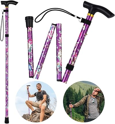 Flintronic Folding Walking Stick Adjustable Lightweight Purple Print