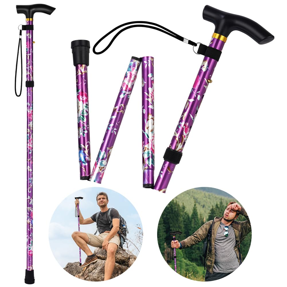 Flintronic Walking Stick, Folding Walking Stick, Adjustable Folding Walking Sticks, Collapsible Lightweight Flexible Stick, Comfortable Grip Durable Mobility Aid for Men Women, Purple Print