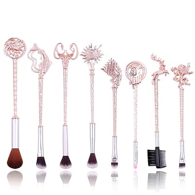 Game of Thrones Eye Makeup Brushes - 8pcs Wand Makeup Brushes with Soft Synthetic Fiber and Metallic Handle for Eyebrow Eyeshadow Foundation Blending and Lips, Great Gift for Sister Girls (Rose Gold)