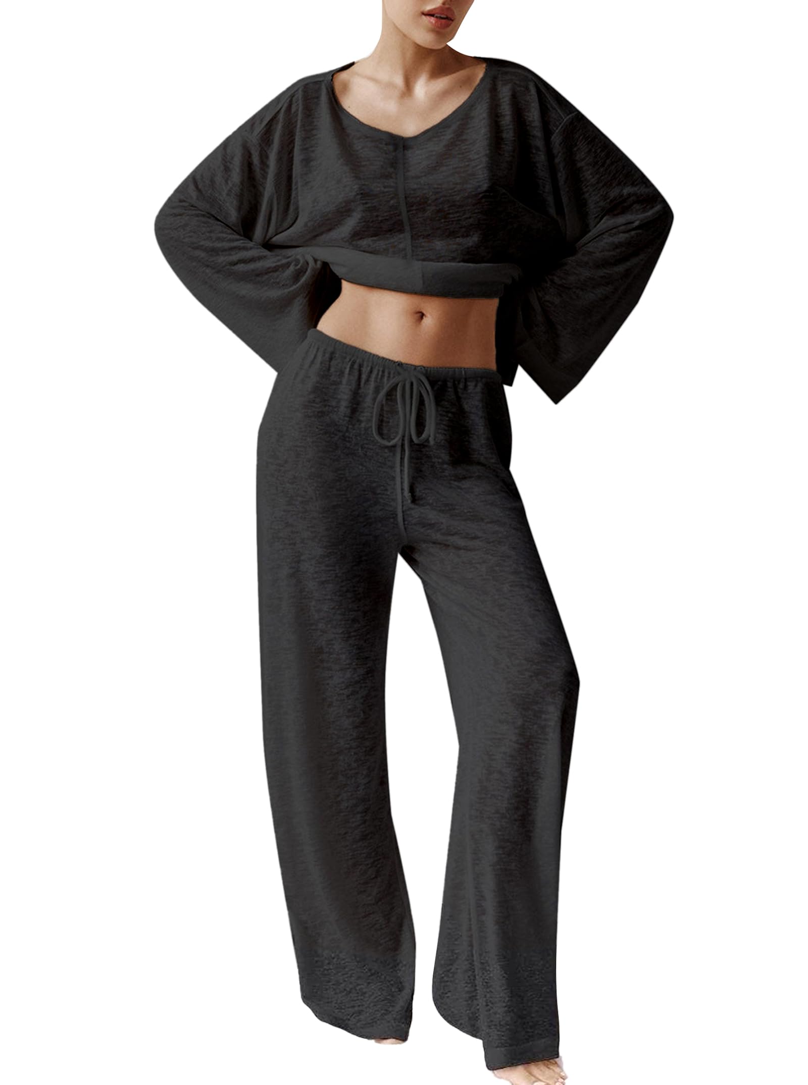 Photo 1 of (Bottom only)(no top) Hilinker Women's Sheer Mesh 2 Piece Pajama Set See Through Long Sleeve Top and Pants Lounge Sets Black Medium