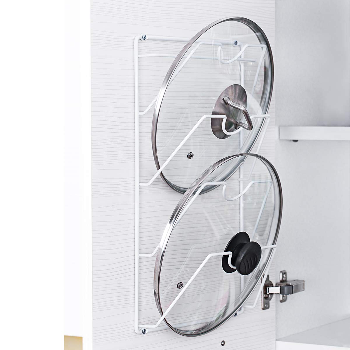 6-Piece Cabinet Storage Set: Expandable Stackable Kitchen and Counter Shelf Organizer/Metal Wire Pot and Pan Lid Rack/Over The Cabinet Storage Organizer Basket/Spice Rack Step Shelf Organizer, White