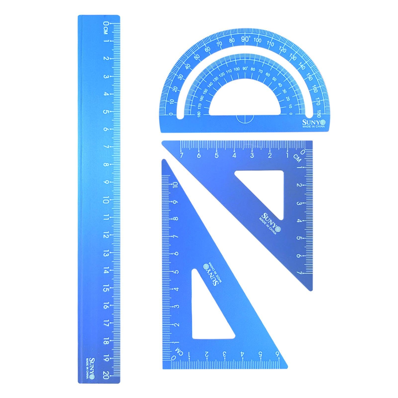 4 Pack Aluminum Alloy Ruler Set, Math Geometry Tool with 2 Triangle Rulers, 1 Protractor & 1 Straight Ruler - Aluminum Alloy Student Rulers (Blue)