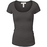 Active Basic Womens Plain Basic Deep Scoop Neck with Cap Short Sleeves - Charcoal - Medium