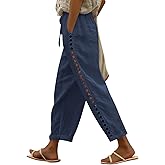 Puimentiua Women's Linen Capri Pants with Drawstring Petite Summer Beachwear Lightweight Elastic Waist Pants