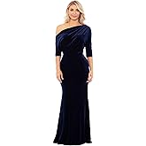 Betsy & Adam Womens Long Stretch Velvet One Off Shoulder Asymmetric Sleeve Gown
