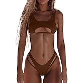 SherryDC Women's Sexy Scoop Neck Padded Cutout Strappy Thong Bikini Set Swimsuit