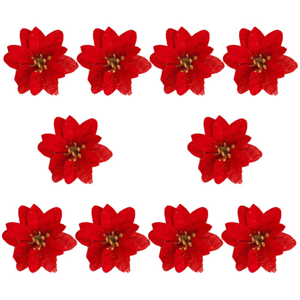 ABOOFAN 10pcs Artificial Christmas Poinsettia Flowers Christmas Tree Decoration Ornaments for Wreath Decoration Party Red