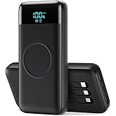 Wireless Portable Charger 40800mAh with 3 Built-in Cables,7-in-1 15W Wireless Charging Power Bank,25W PD QC 4.0 Fast Charging USB C Travel Essentials Battery Pack for iPhone 17/16/15/14,Galaxy,Android