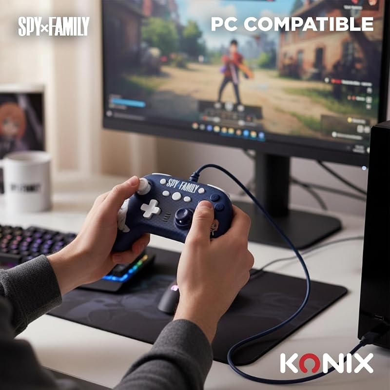 Spy x Family Manette filaire pour Nintendo Switch, Switch 2 et PC - Fonction vibration - Câble 3 m - Motif Anya et Bond Forger - Bleu