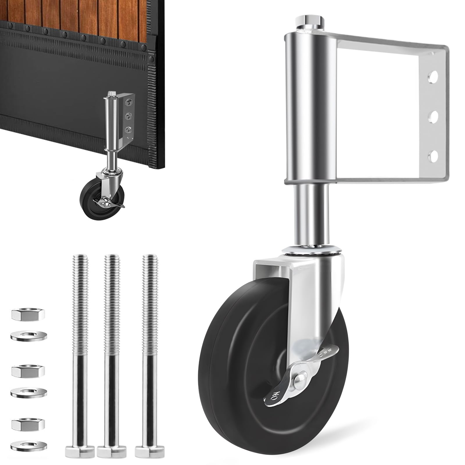 4 Inches Gate Wheel with Brakes, Heavy Duty Spring Loaded Gate Rubber Castor Wheel Swivel Gate Wheel for Fence Wooden Gate, Ageing Resistance Universal Mount Gate Caster for Yard Fence