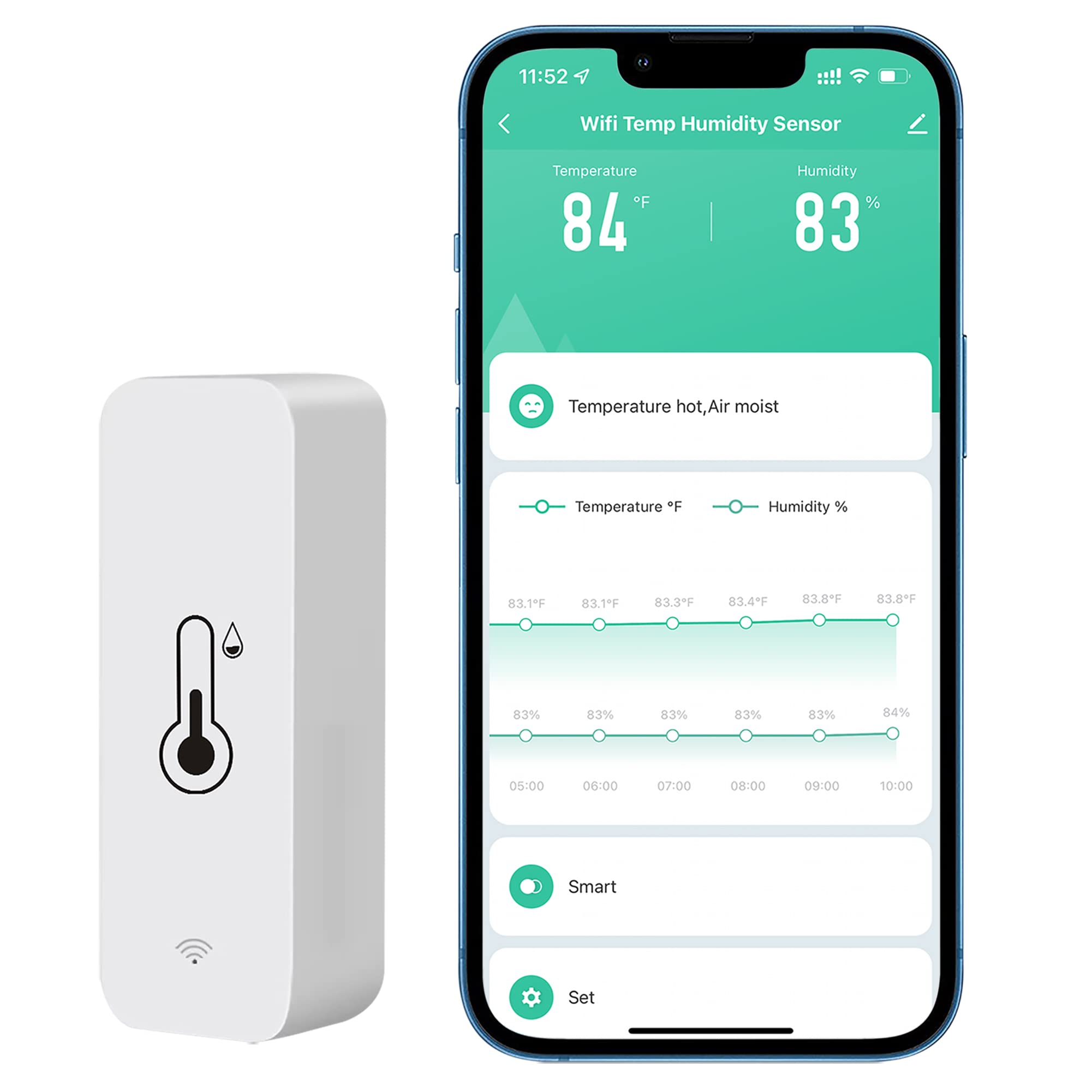 Comboss WiFi Hygrometer Thermometer Sensor, Wireless Temperature and Humidity Sensor for Indoor and Outdoor Use with Remote App Notification Alarm, Works with the Tuya App (1 Pack)