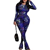 acelyn Women Sexy Two Piece Outfits Mesh Printed Bodycon Flared Pants Sets Club Going Out Birthday Outfits