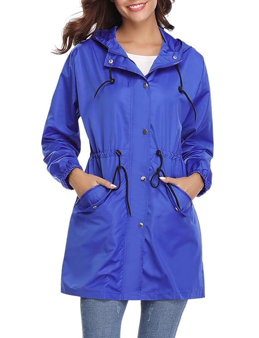 Aibrou Damen Regenjacke Wasserdicht Atmungsaktiv Leichter Kapuzen Trenchcoats Windjacke mit Einstellbarer Kapuze für Sommer u