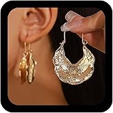 Iaceble Exaggerated Irregular Hoop Dangle Earrings Gold Textured Hollow Hoop Earrings Punk Chunky Hoop Drop Earrings Vintage Larger Geometric Textured Earrings Jewelry for Women