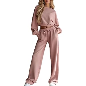 ASUIU Sweatsuits Women 2 Piece Outfit 2026 Solid Drawstring Wide Leg Sweatpants Crew Neck Long Sleeve Cropped Tracksuit