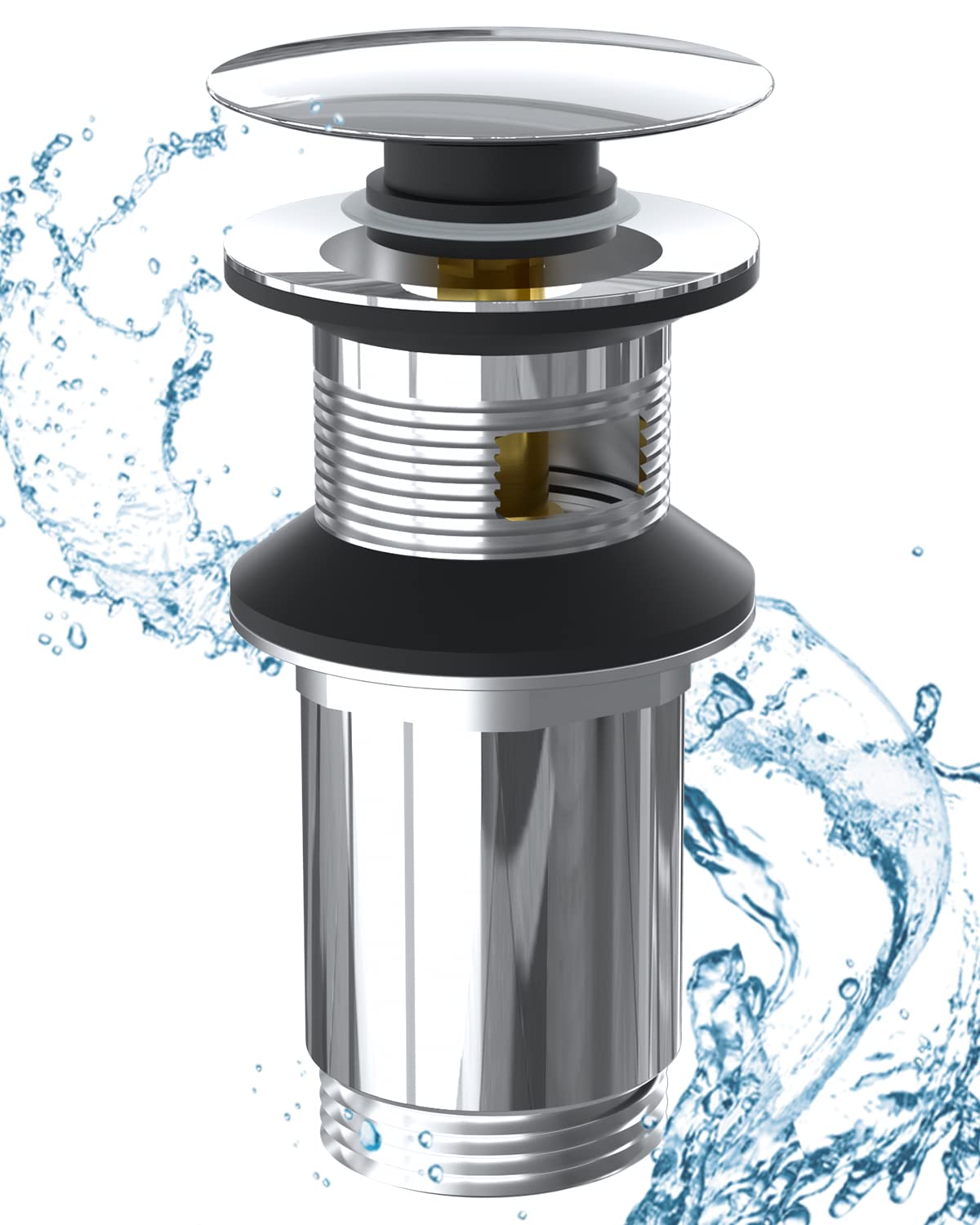 Hibbent Basin Plug with Bounce Core, Chrome-Plated Pop Up Click Clack Basin Waste with Overflow,Stainless Steel, 1 1/4" Sink Plug Replacement for Bathroom basins — image 1