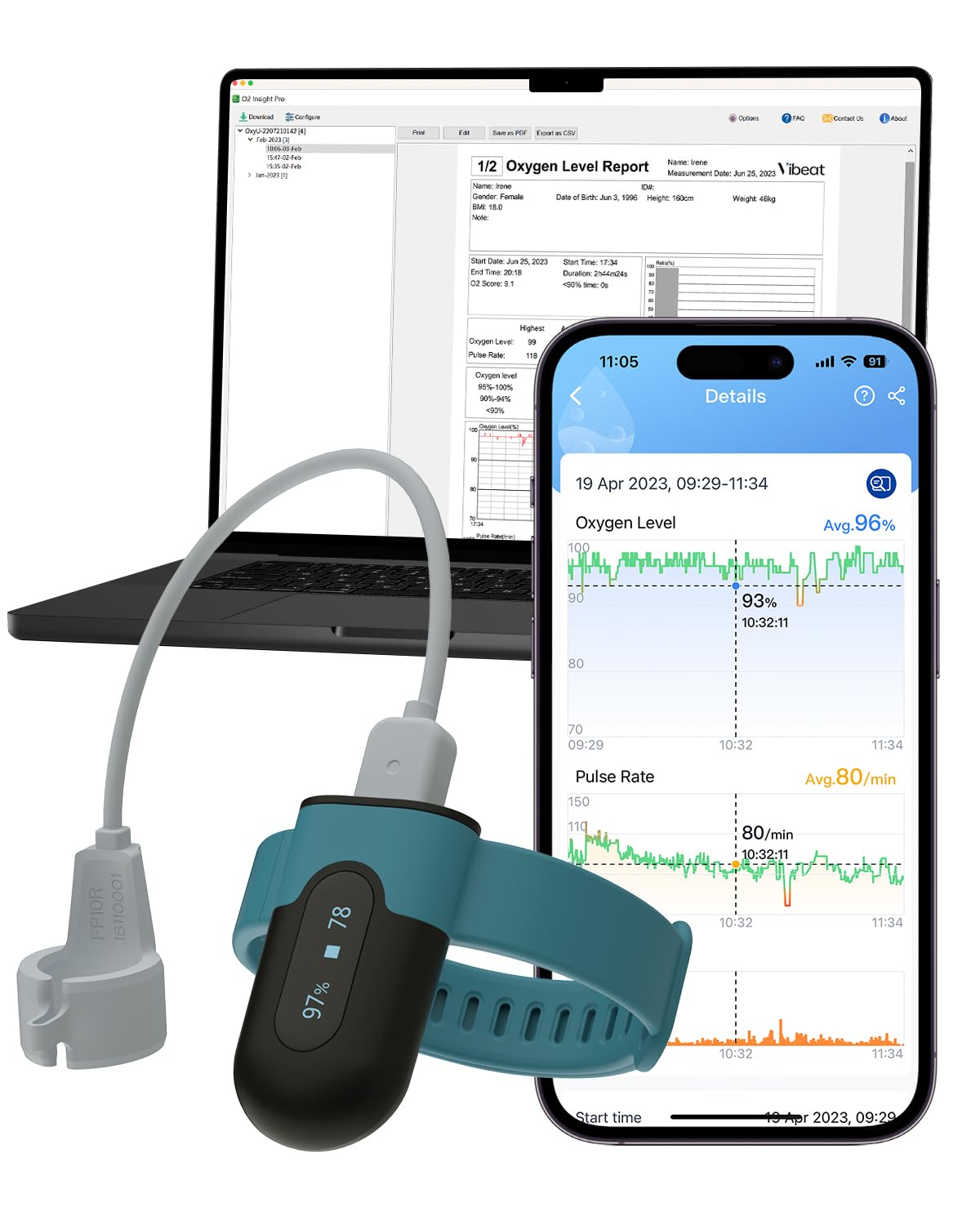 Photo 1 of Vibeat Wrist Blood Oxygen Monitor OxyU - Continuous O2 & Heart Rate Tracking with Finger Sensor, Bluetooth Pulse Oximeter with Real-Time Notification, Free App & PC Report