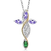 Cross Necklace For Women In 925 Silver and 10K Yellow Gold with Lab Grown Diamond and Tanzanite and Nano Emerald | 1.41 Cttw | Jesus Christian Religious Crucifix | Marquise Cut 8X4MM | 18 Inch Chain
