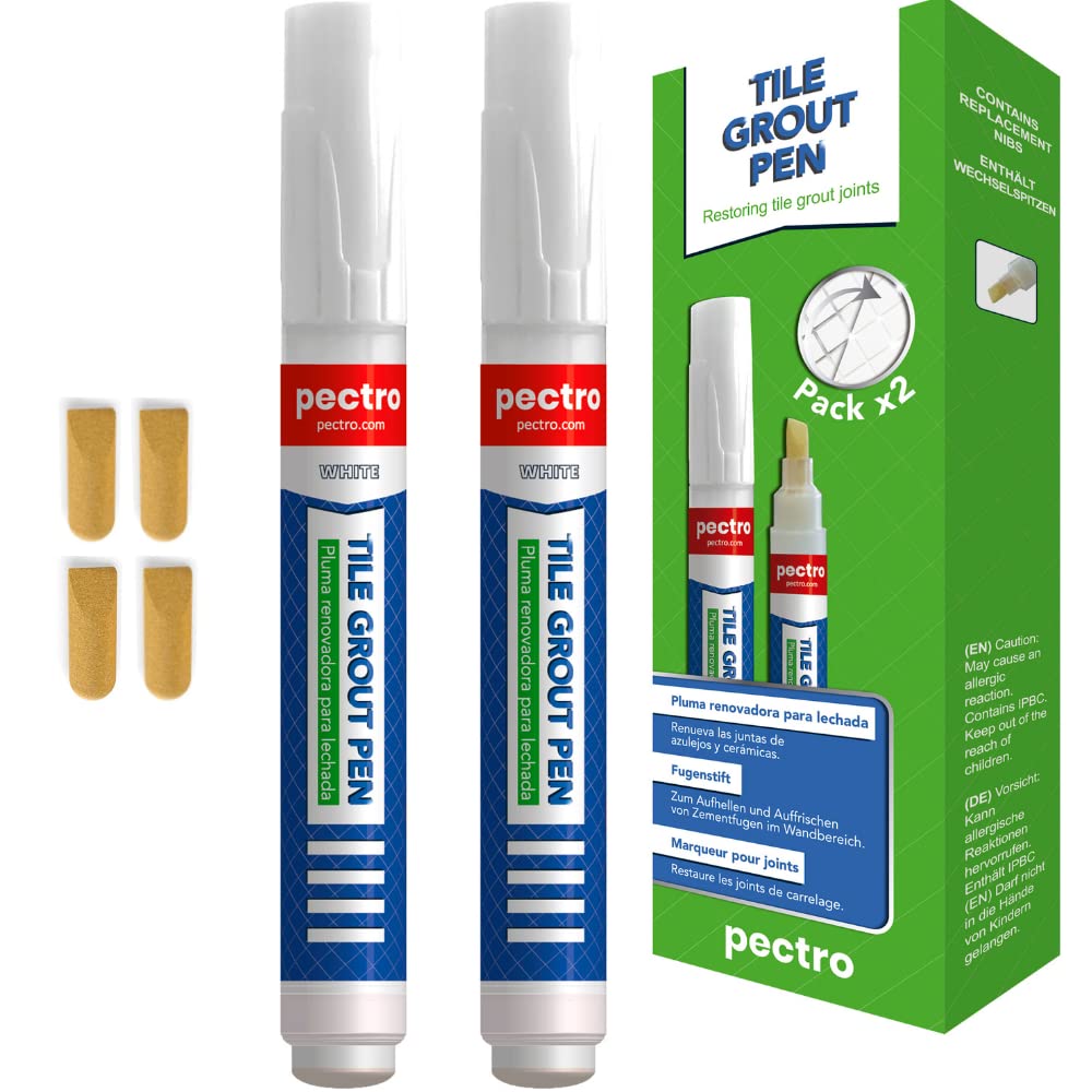 PECTRO Tile Grout Pen White Pack x 2 Units | Tile Paint Marker | Restore and Renew Grout Lines in bathrooms & kitchens | White joints like new | Grout Reviver | Waterproof 8ml