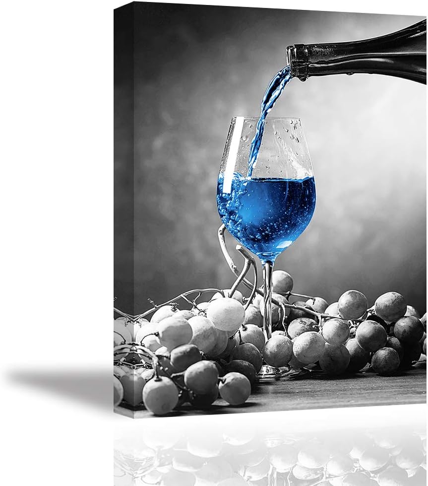 Tku's Red Wine Glass Wall Art Grapes and Blue Wine Cup Wall Decor Modern Black and White Background Canvas Oil Painting Framed Home Decoration for Kitchen (Ready to Hang)