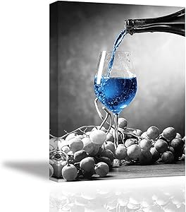 Tku's Red Wine Glass Wall Art Grapes and Blue Wine Cup Wall Decor Modern Black and White Background Canvas Oil Painting Framed Home Decoration for Kitchen (Ready to Hang)