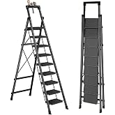 9 Step Ladder with Platform,Heavy Duty Folding Step Stool No Assembly | Protable Step Ladders with Anti-Slip Widen Pedals,Tool Tray,Safe-Lock Design,Tall Kitchen/Closet Step Ladder for Adults