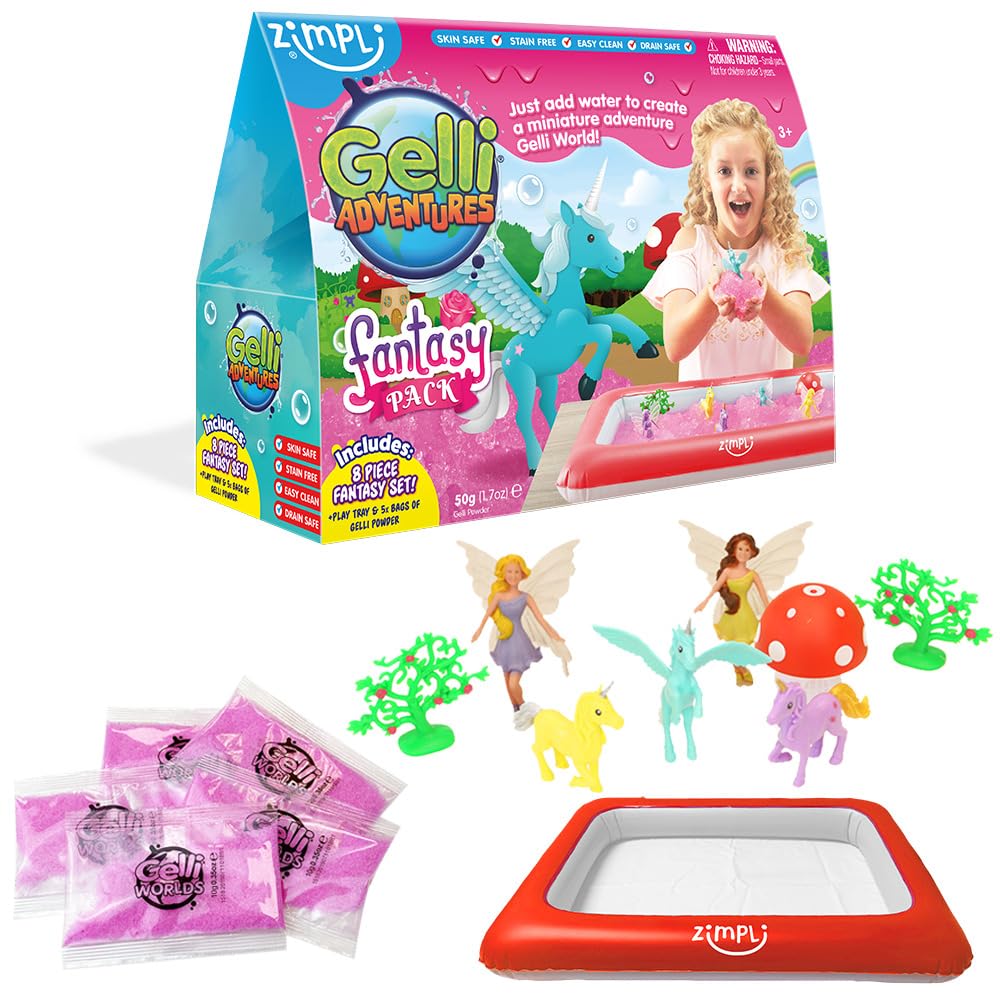 ZIMPLI - Gelli Adventures Fantasy Pack, 5 Use, 8 x Fantasy figures, Inflatable Play Tray, Imaginative Pretend Playset, Play Set for Girls 5 6 7 8 9 10, Xmas Present