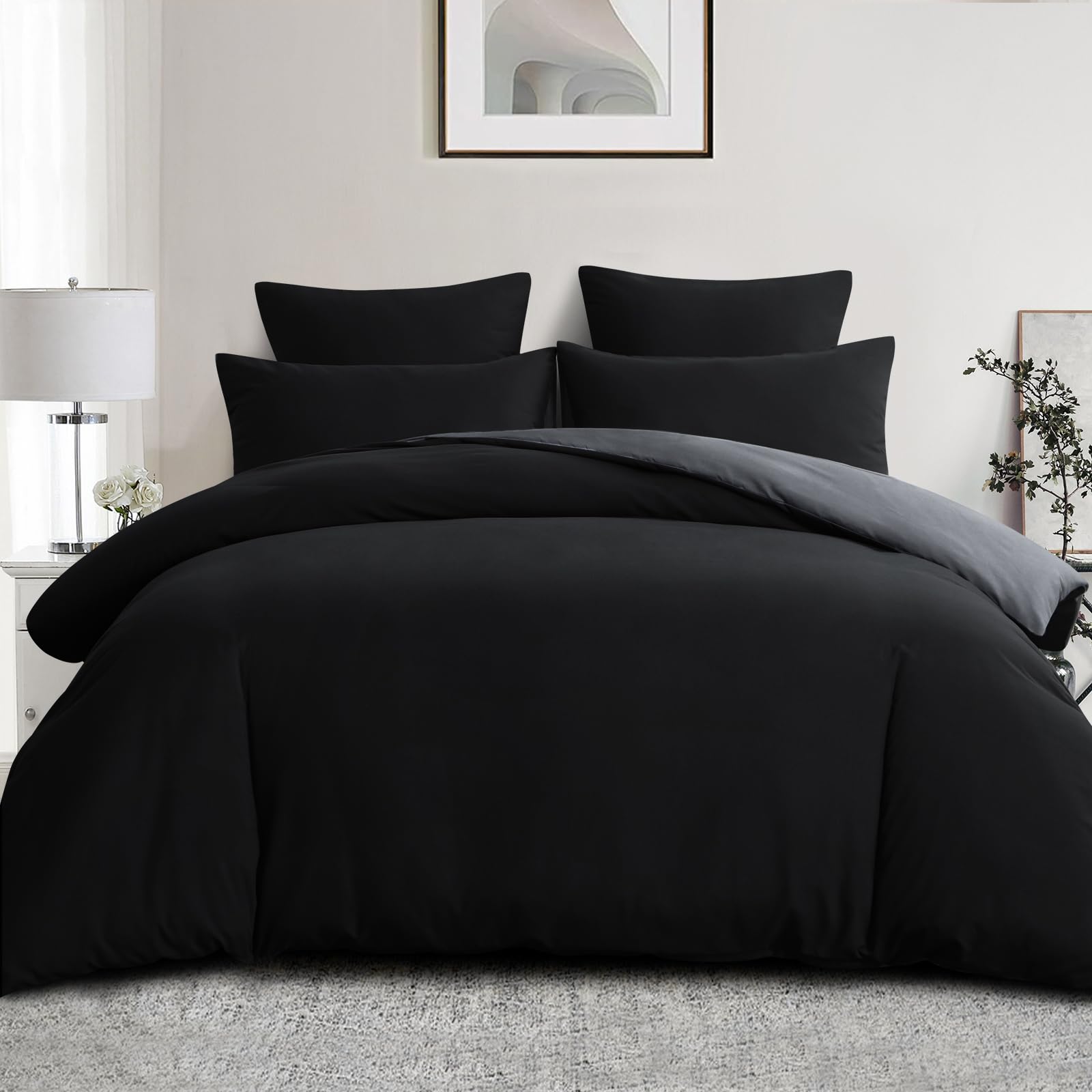 Aisbo Super King Size Duvet Cover Set - 3Pcs Reversible Bedding Bed Set Black and Grey Superking Soft Brushed Microfiber Quilt Cover with 2 Pillowcases 50x75cm