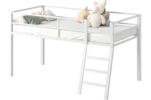 Lutown-Teen Loft Bed Twin Size, Low Junior Metal Twin Loft Bed with Stairs and Safety Guard, Noise Free and Space Saving, White