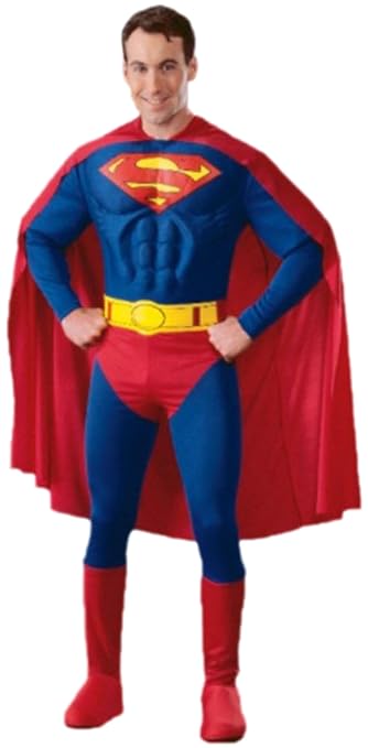 Karnevalsbud - Herren Kostüm Superman mit Umhang, Muskel-Jumpsuit, Überziehstiefel und Gürtel, L, Blau