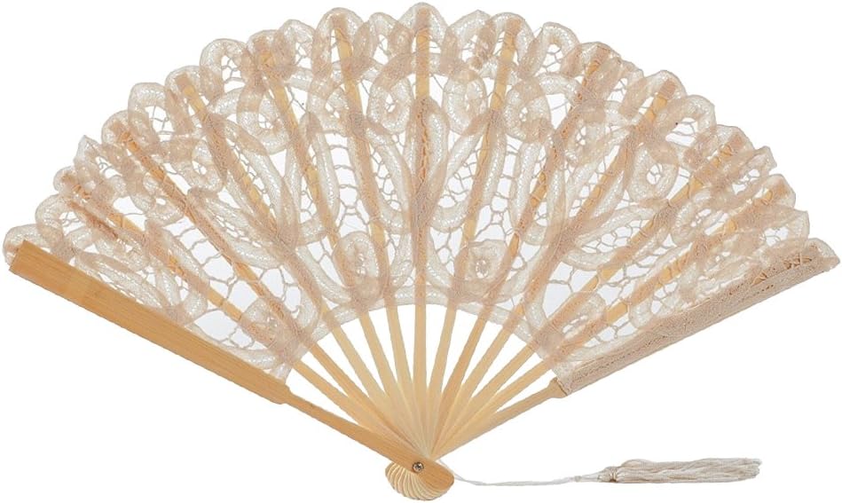 Handheld Folding Hand Fan Elegant Womens Cotton Lace Fan Lady’s Girls’s Vintage Retro Folding Handmade Hollow Fan for Wedding Party Favor Fancy Dress